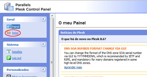 Link Inicio no Painel de Controle