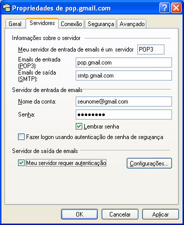 Gmail-Configurada conta no Outlook Express