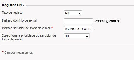 Painel de Controle - Adicionar Registro MX