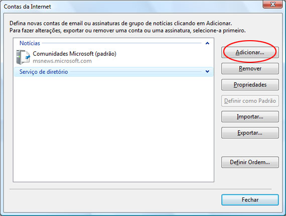 Adicionar um nova conta no Windows Mail