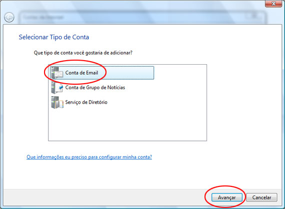 Selecione o tipo da conta como Conta de Email