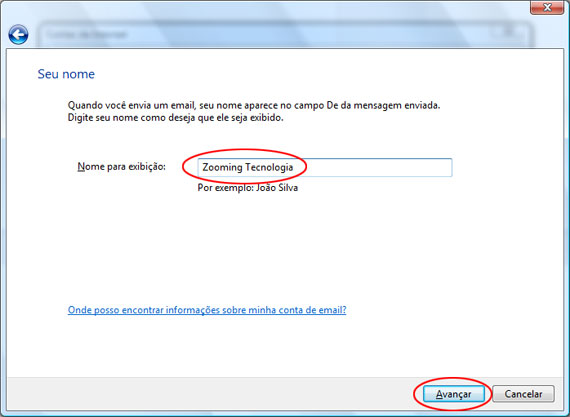 Informe o seu Nome de Exibição que será mostrado nas suas mensagens de email