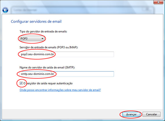 Informe os servidores POP3 e SMTP que serão usados na sua conta de email