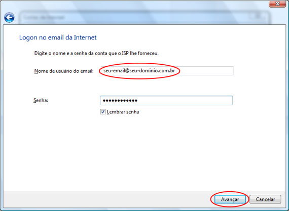 Informe os dados de autenticação no servidor de Email