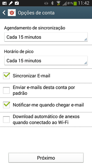 Opções de conta IMAP no Android