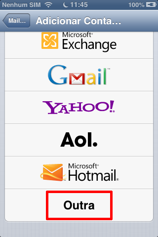 Selecione Outra para adicionar Email IMAP ou POP3 no iOS