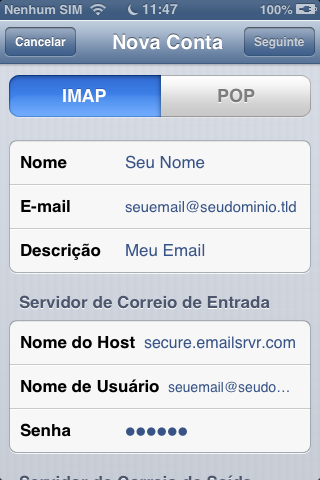 Selecione IMAP ou POP no iOS