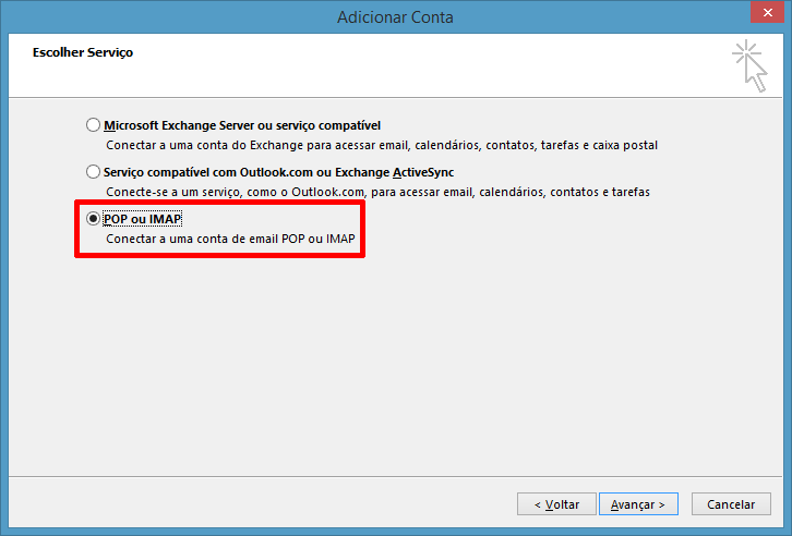 Selecionar POP ou IMAP no Outlook 2013