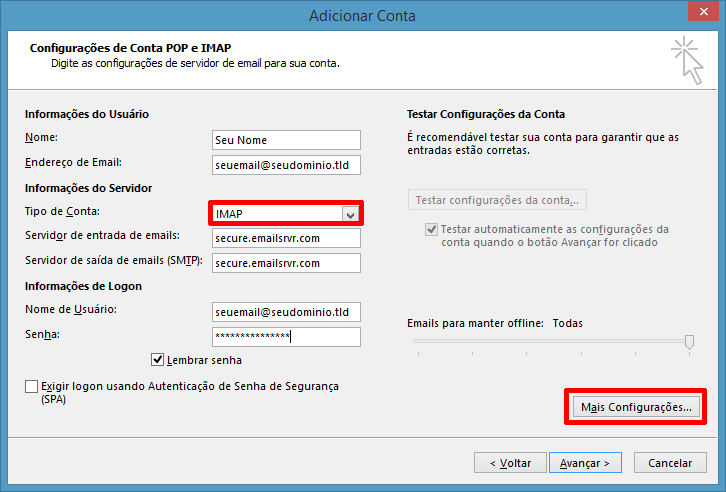 Informações da conta IMAP no Outlook 2013