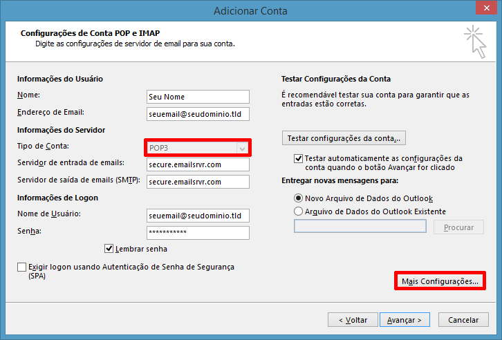 Informações da conta POP3 no Outlook 2013