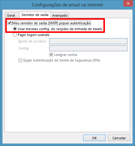 Servidor de Saída no Outlook 2013