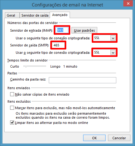 Porta IMAP SSL no Outlook 2013