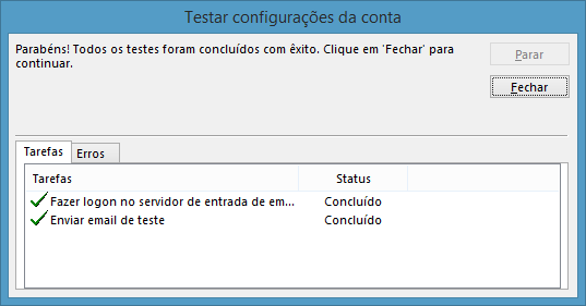 Teste de conexão da conta de Email no Outlook 2013