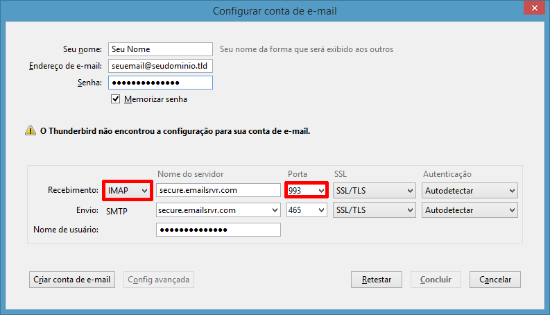 Configuração do Thunderbird para IMAP