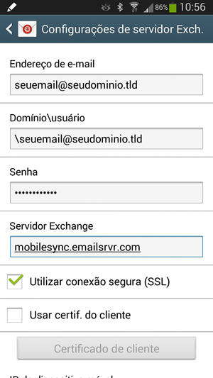 Configurações de conexão do Email Premium com o Servidor Exchange