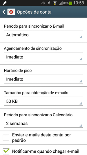 Opções de configuração de Email no Android