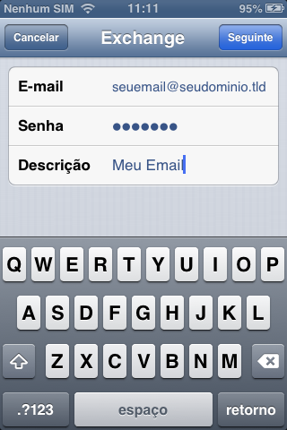 Informe os dados da sua conta Microsoft Exchange no seu iOS