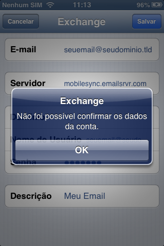 Confirme configuração da conta Microsoft Exchange