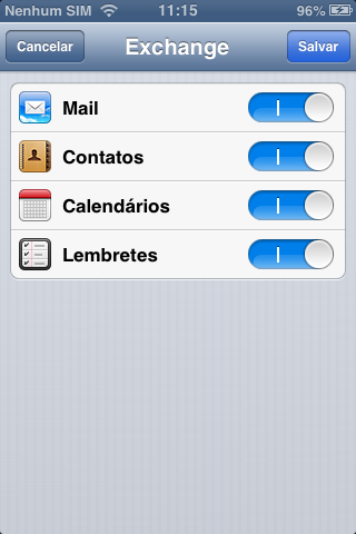 Opções de sincronismo com o servidor Exchange