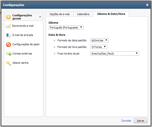 Configurações de Idioma, Data e Hora do Webmail Premium