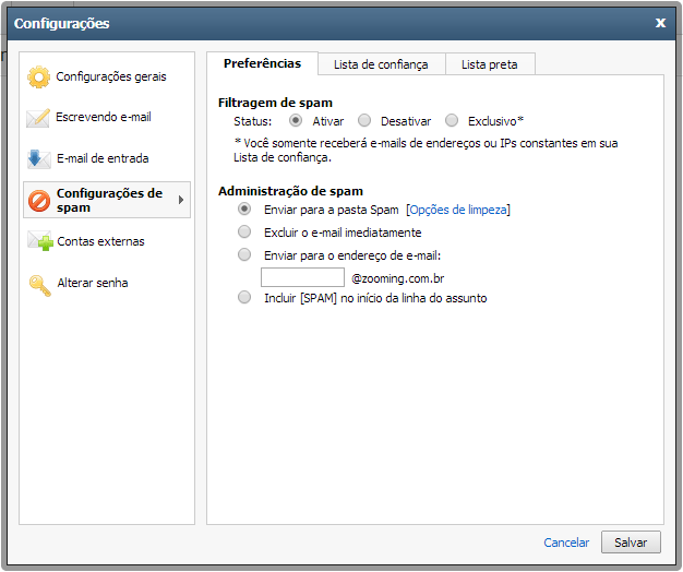 Preferências de Antispam do Webmail Premium
