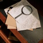 photo of cryptic character codes and magnifying glass on table top