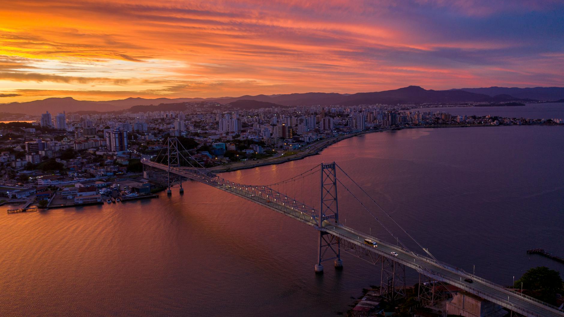 aerial view of a suspension bridge in the city of floripa brazil