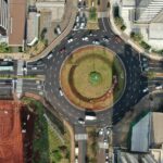 aerial footage of a roundabout
